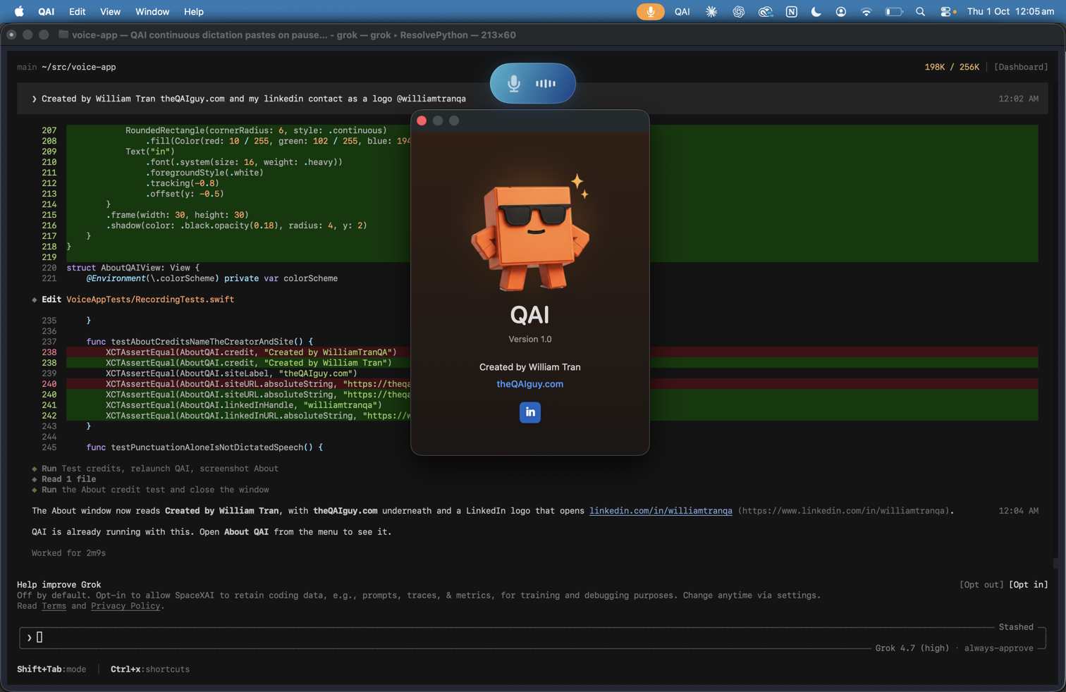 About QAI Voice version 1.0, with theQAIguy.com and a LinkedIn button