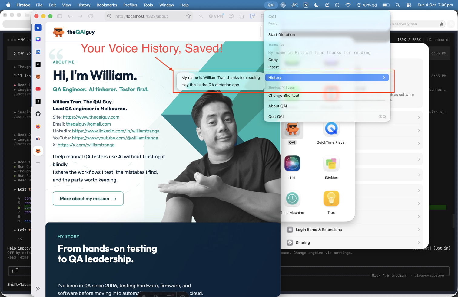QAI Voice menu open with History selected, showing saved transcripts you can copy or insert